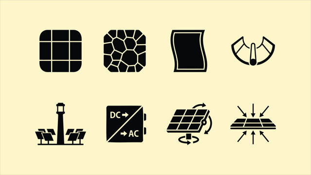 Minimalist solid solar energy technology vector glyph icon set