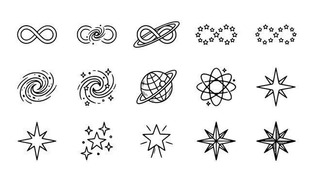 Cosmic Symbols: Infinity, Galaxies, Planets, Stars, Atoms - Line Art Icons