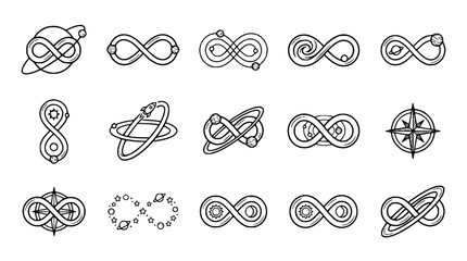 Obraz premium Infinity Symbol Variations: Space, Planets, Stars, Compass Designs - Hand Drawn Icons