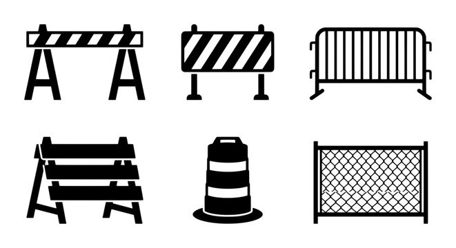 Road Barrier Vector Icons, Construction Site Safety Fences, Traffic Control Elements, Black and White Set