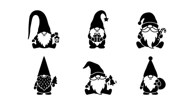 Christmas gnomes black silhouettes set, Scandinavian tomte vector icons, winter holiday dwarfs