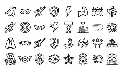 Superhero line icon set featuring flying hero, cape, goggles, city skyline, lightning power, strength, and comic action symbols © Abdullahall