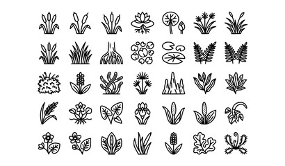 Black and white swamp plant outline icon set with cattail, lotus, water lily, fern, reed, and aquatic wetland vegetation symbols © Abdullahall