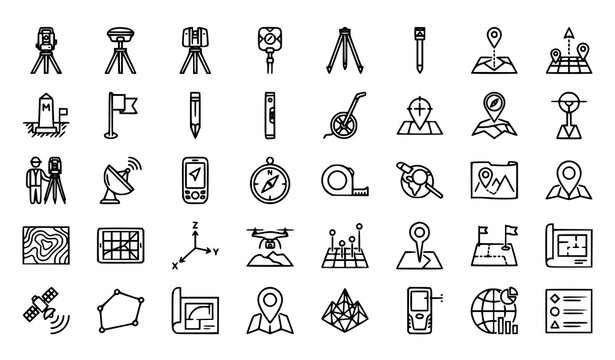 Geodesic surveying and land mapping outline icon set with theodolite, tripod, GPS pin, compass, drone, satellite, and topographic symbols