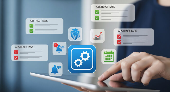 Close-up of a person using a tablet with abstract task lists and app icons, ideal for project management, digital workflow and business productivity solutions