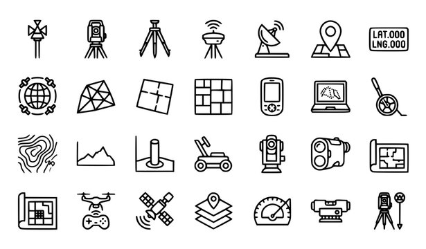 Geodesic line icon collection featuring total station, GPS antenna, satellite dish, grid map, coordinate tag, laptop tracker, and level tool