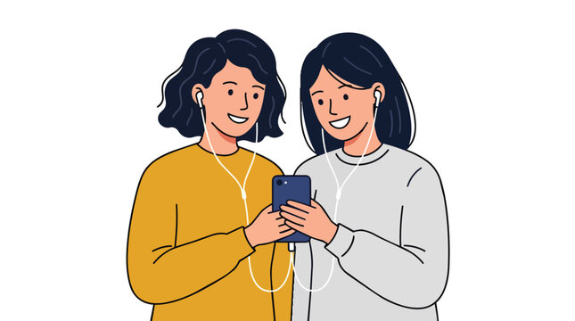 Smartphone music sharing friends in clean minimalist flat vector illustration for lifestyle technology marketing