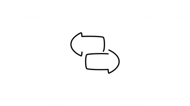 Minimalist outline animation of horizontal two-way looping arrows drawing on and fading out. Features a clean pop up style in 3 color setups.