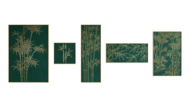 Japanese bamboo wall art set of 5 panels, elegant gold leaf bamboo forest on dark green background, oriental botanical home decor prints isolated on Transparent Background