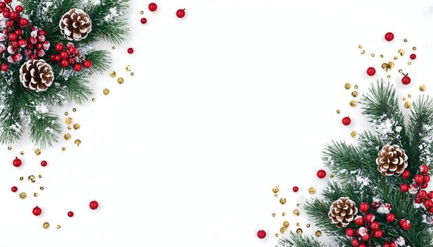 Festive greenery with pine cones, berries, and gold baubles on a clean white background