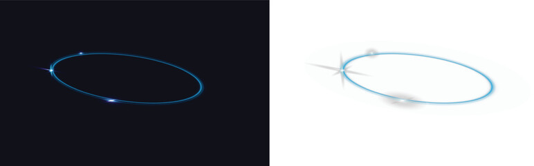 Cosmic energy halo illustration featuring radiant light beams and twinkling star effects.Abstract blue glowing neon ring light effect isolated on transparent background. © 11RD
