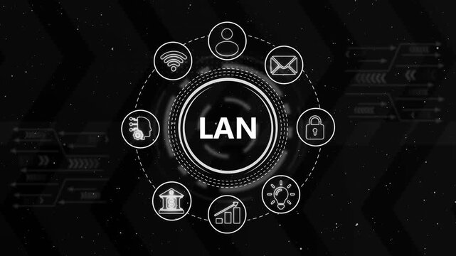 Lan network technology concept with rotating digital and data connectivity hud interface