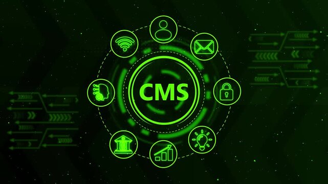 Cms management system digital interface with rotating and network data technology animation