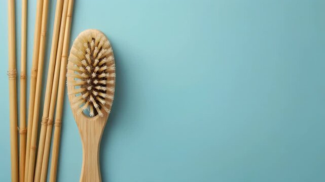 Natural wooden body brush with long bamboo sticks in a relaxing spa motion video clip