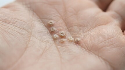 Fototapeta premium Macro view of viral warts on a human hand palm showing skin texture
