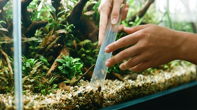 Woman is cleaning aquarium gravel with siphon tool. Maintenance of freshwater fish tank with plants. Exotic pet care and hobbyist cleaning substrate, aquatic ecosystem management.