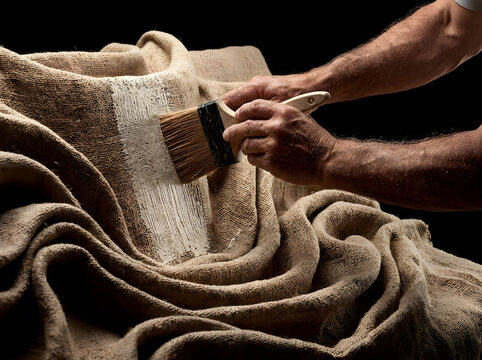 Applying White Gesso Primer to Textured Burlap Fabric | Close Up Artist Paintbrush Painting Canvas | Restoring Rough Fabric Material with Coating Brush | Mixed Media Art Preparation Technique