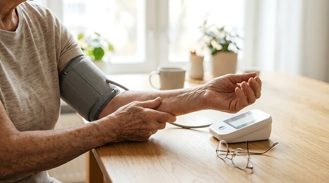 A person wearing a blood pressure cuff on their arm sitting at a table with a device and glasses.
