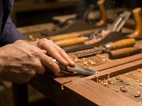 Craftsman Hands Carving Groove with Flat Chisel | Woodworking Bench Detail with Scattered Hand Tools | Joinery Production and Flying Wood Shavings | Traditional Carpenter Manual Processing Close Up