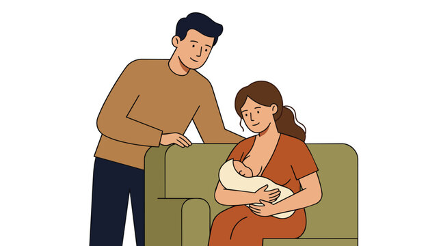 Breastfeeding mother nursing newborn with supportive father in modern flat vector style for maternal health awareness