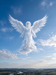 Fototapeta premium A majestic angel shaped cloud floating in the bright blue sky above a landscape.