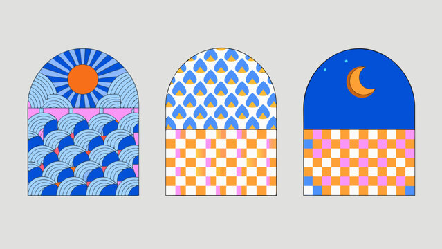 Arched panels featuring sun raindrops and moon with checkered bases