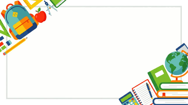 Back to school invitation template with colorful school supplies and diagonal stationery