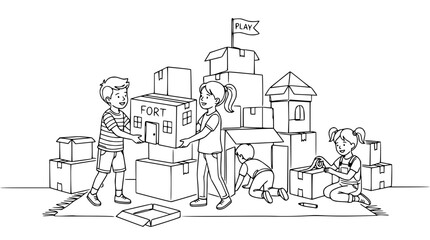 Obraz premium Children building cardboard box fort, imaginative play, creative childhood fun