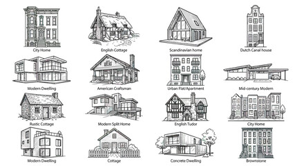 Collection of Diverse Architectural House Styles Hand-Drawn Sketches © hakimi