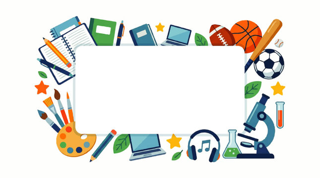Back to school club invitation template with sports equipment and art supplies