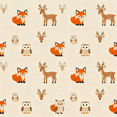 Fototapeta premium Minimalist seamless repeating pattern of cute forest animals