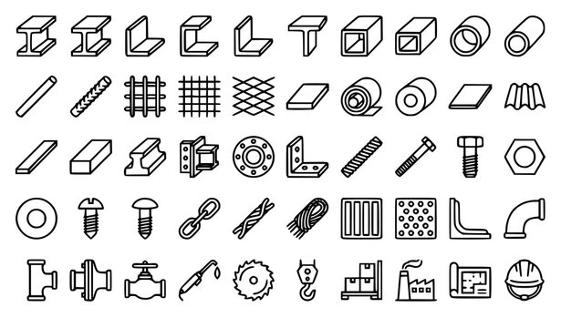 steel, metal, beam, pipe, rebar, rod, mesh, profile, channel, flange, plate, coil, billet, construction, industrial, fabrication, welding, hardware, engineering, structural, outline, editable, stroke,