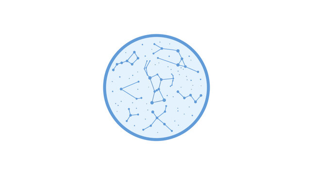 A circular illustration featuring various constellations connected by lines on a light blue background.