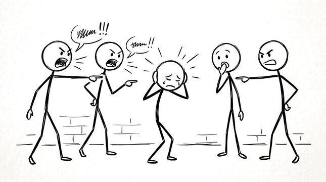 Monochrome stick figure illustration depicting bullying and emotional distress in a group scene.