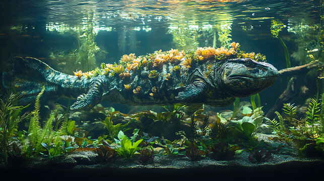 Tank with extinct aquatic reptile labeled de-extinction in progress 