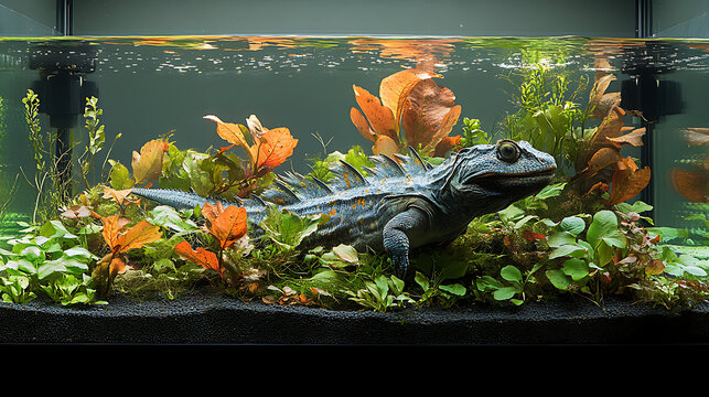 Tank with extinct aquatic reptile labeled de-extinction in progress 