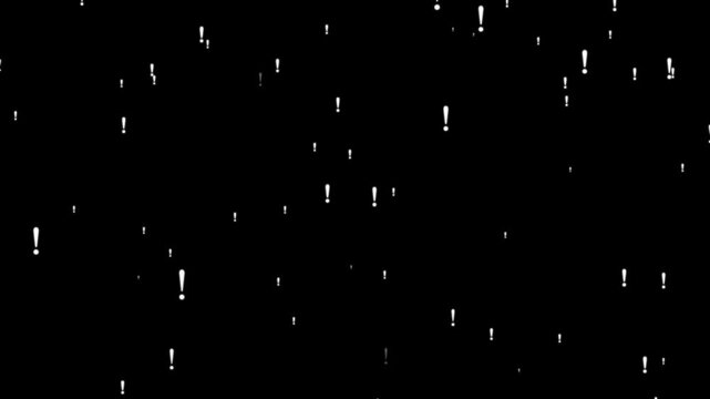Exclamation mark particles flying upwards on black background for motion graphics and visual effects projects featuring dynamic punctuation symbols and typography.
