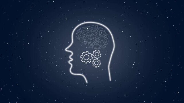 Conceptual animation of human head with gears and brain working together on blue starry background representing the process of thinking brainstorming innovation and problem solving in motion.