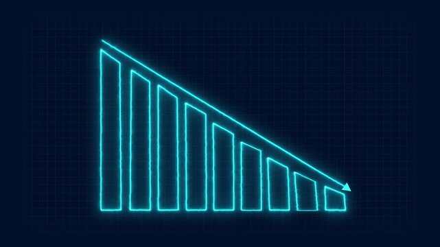 Business bar chart representing financial decrease and stock market loss shown in blue neon glowing lines on dark grid background with downward arrow animation for economic data visualization.