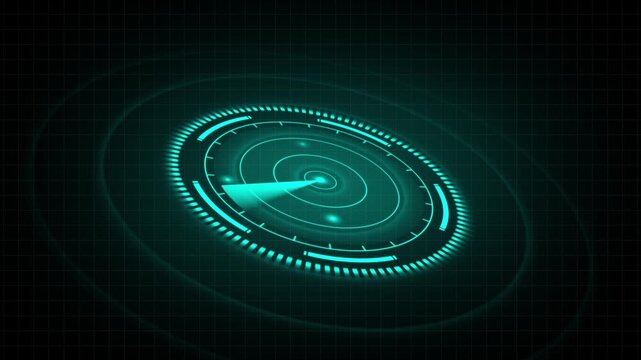 Futuristic radar scan circular interface animation showing scanning process on dark grid background represents digital tracking security navigation surveillance system visual.