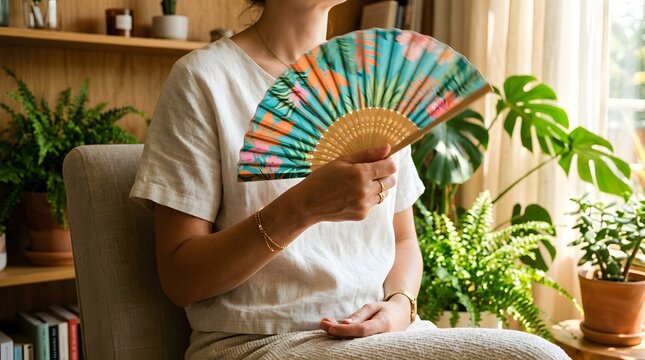 Manual cooling in tropical summer heat featuring close up of woman waving colorful floral hand fan in bright living room