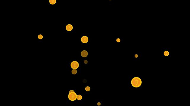 Gold bitcoin coins falling and spinning in slow motion against black background, digital currency animation, cryptocurrency concept, financial technology.