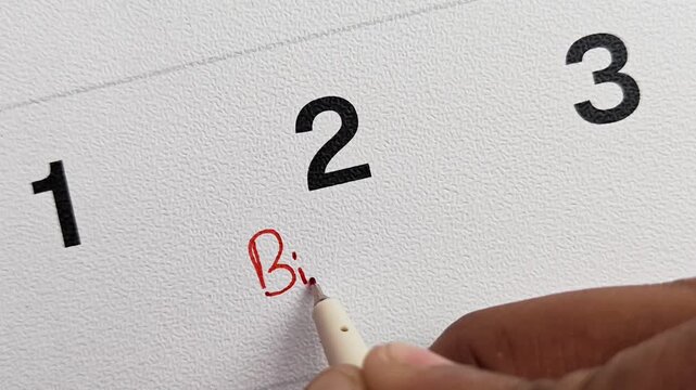 Close-up Video of Writing "Birthday" Under Date 2 on Calendar, Celebration Reminder Concept