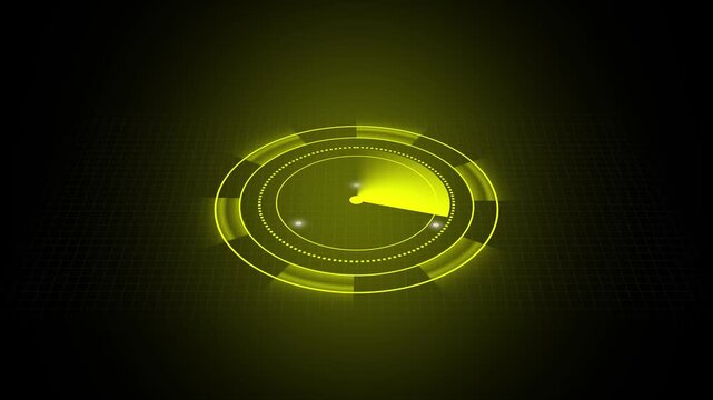 Futuristic yellow radar screen with sonar sweep motion for navigation system interface in high tech military laboratory setting as dynamic loop animation featuring glow and grid background.