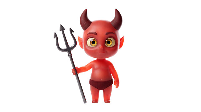 A small, red, cartoon devil with horns and a trident stands against a white backdrop.