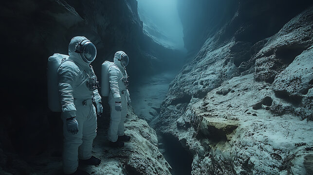 Scientists in white suits observing ancient jellyfish revival in pristine underwater chamber 