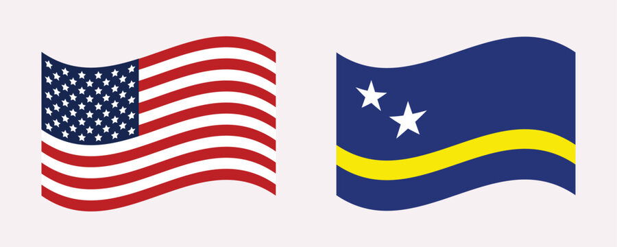 Waving United States and Curacao flags isolated on a white background in a flat vector illustration