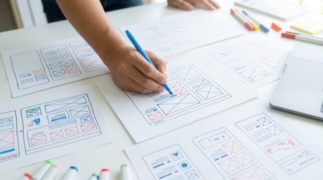 Professional design studio workspace featuring website wireframe drawings and development prototypes.