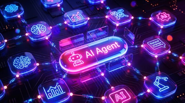 AI agentic workflow automation artificial intelligence agent software interface nodes triggers data tool dashboard coding icon flow process database technology 3d rendering