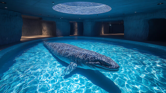 Revived plesiosaur floating in advanced observation tank with vibrant lighting 